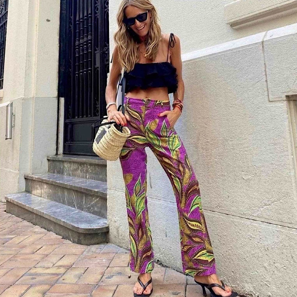 ZARA Purple Printed Linen Hi Rise Pants Size Small Bloggers Favorite!